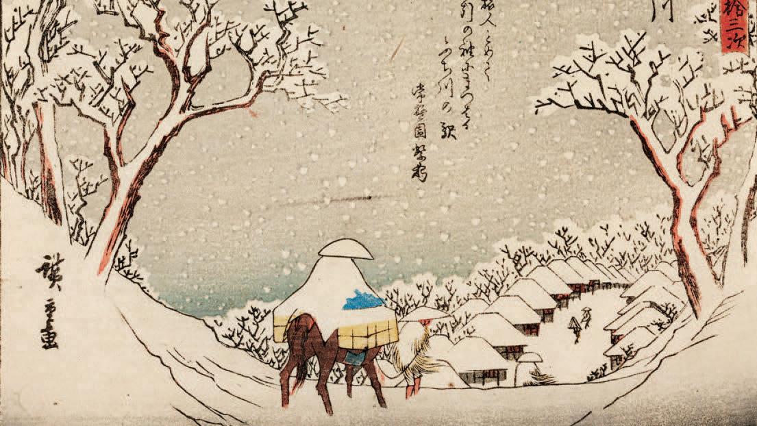 Ando Hiroshige, Scène de neige, série des 53 stations du Tôkaidô, 38e station, 1840,... Impressions au pays du Soleil-Levant : estampes d'Hiroshige