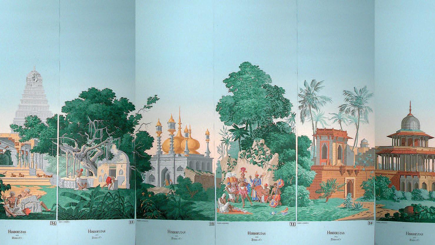 Manufacture Zuber à Rixheim, L’Hindoustan, modèle de 1807, papier peint imprimé à... Gros plan sur les panoramiques 