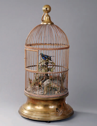 Cage à oiseau chanteur en laiton, plâtre et carton, actionnée par une clé, fin XIXe-début XXe, h. 60 cm.Paris, Drouot-Richelieu, 14 décembre 2007. Las