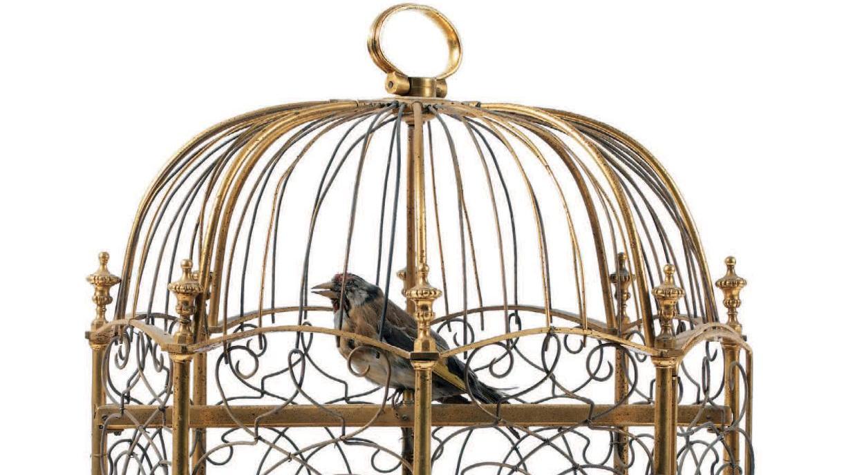 Pendule cage à oiseau automate et siffleur, mouvement attribué à Jaquet-Droz à Neufchâtel,... Ils chantent pour vous : les oiseaux chanteurs
