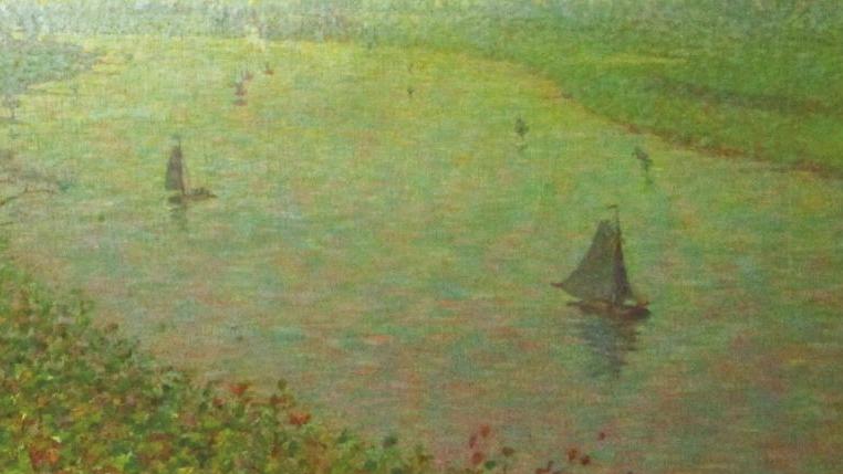 Co Breman (1865-1938), Bateaux sur la rivière, huile sur toile, 1908, 44 x 70 cm.... Pointillisme  à la néerlandaise