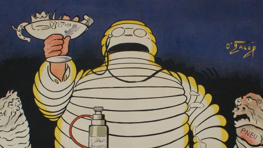 O’Galop (Marius Rossillon, 1869-1946), affiche Le Pneu Michelin boit l’obstacle,... Bibendum, c’est gonflé !