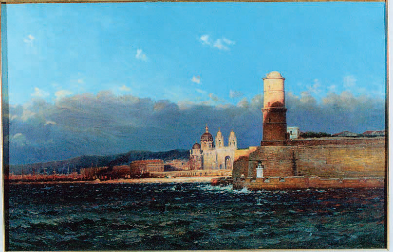 Jean-Baptiste Olive : Le Port de Marseille et la cathédrale de la Joliette, huile sur toile signée en bas à gauche, 73 x 110 cm.Marseille, 8/7/2003, A