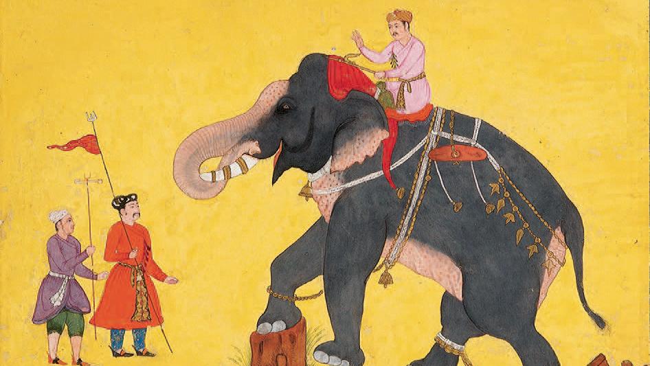 «L’éléphant enchaîné», art moghol, milieu du XVIIe siècle.Drouot-Richelieu, 22 octobre 2008.... Les miniatures orientales à la croisée des mondes