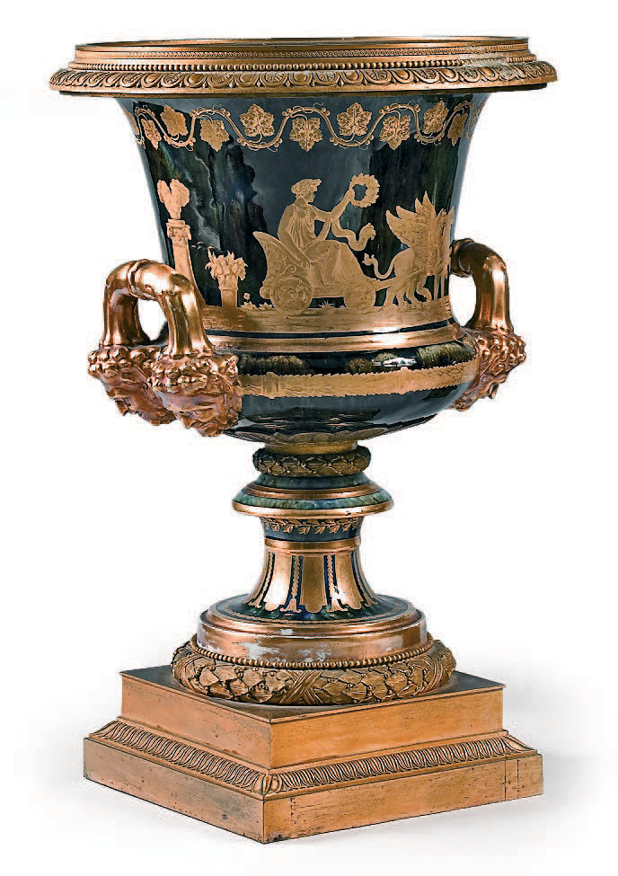  Paire de vases Médicis (un reproduit) en porcelaine à fond agate, manufacture de Dihl, décor de Jules,vers 1800, H. 44 cm.Bayeux, 17 avril 2006, Baye