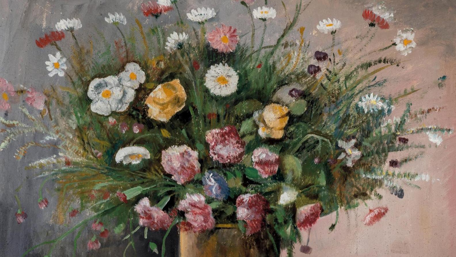 Othon Coubine (1883-1969), Bouquet de fleurs champêtres, huile sur toile signée en... Des fleurs des champs, de l’ivoire et de l’argent