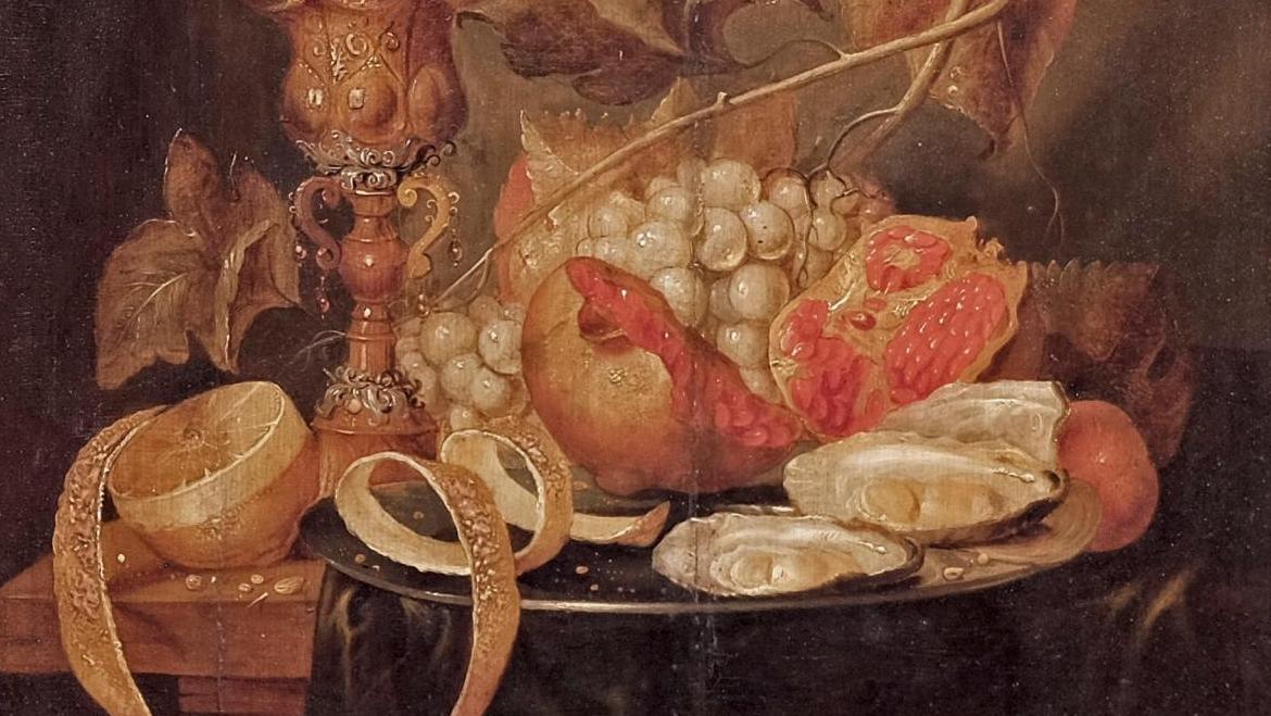 Cornelis Mahu (1613-1689), Nature morte aux grenades, citrons, huîtres et hanap,... Le festin anversois de Cornelis Mahu