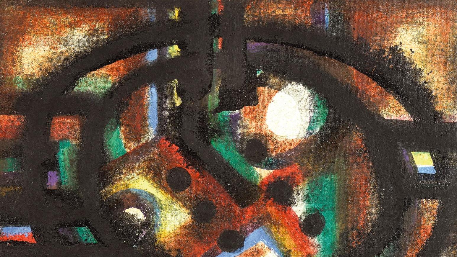 Ahmed Cherkaoui (1934-1967), Al-Mulk, 1965, huile sur toile, 60 x 73 cm. Adjugé :... La peinture du soleil, de Cherkaoui à Atlan