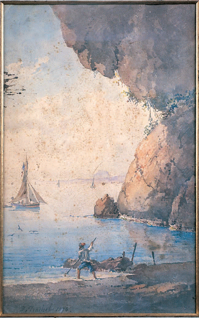 Dominique Trachel (1830-1897), Pêcheurs dans une crique, aquarelle, signée et datée 1894 en bas, 28 x 45 cm.Nice, Nice Enchères, 07/2003.700 €. 