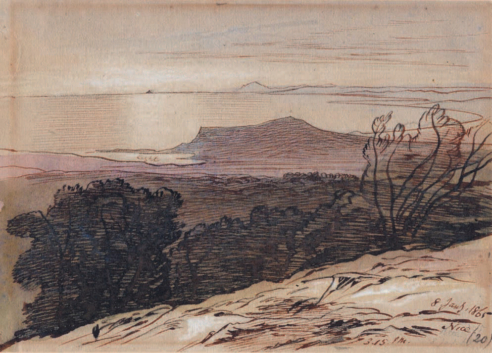 Edward Lear (1812-1888), Vue de Nice à partir du colde Villefranche, aquarelle Nice 8 January 1865 3.15 PM. (20), 12,5 x 17,5 cm.Nice Boisgirard Prove