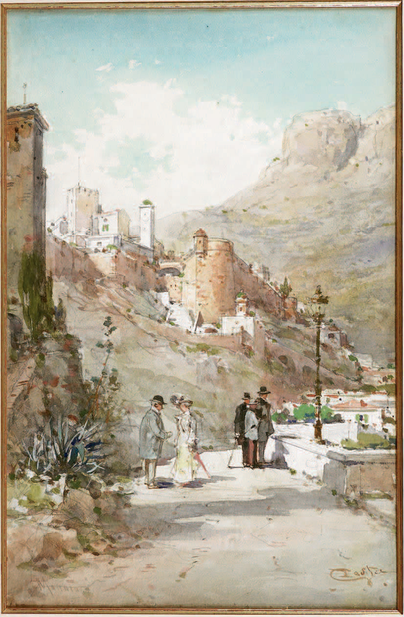 Emmanuel Costa (1833-1921), Le Rocher de Monaco, aquarelle signée en bas à droite, 42 x 27,5 cm.Nice, Hôtel des ventes Nice Riviera, 1/12/2004.3 774 €