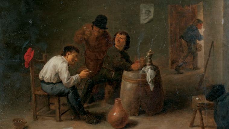 Adriaen Brouwer (1605-1638), Réunion de paysans dans une taverne, huile sur panneau,... Les scènes de Taverne 