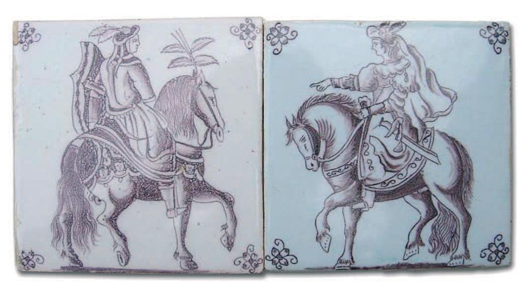 Deux carreaux d’un ensemble de 12, à décor d’un cavalier et d’une cavalière, Desvres,... Les très européennes faïenceries du Nord