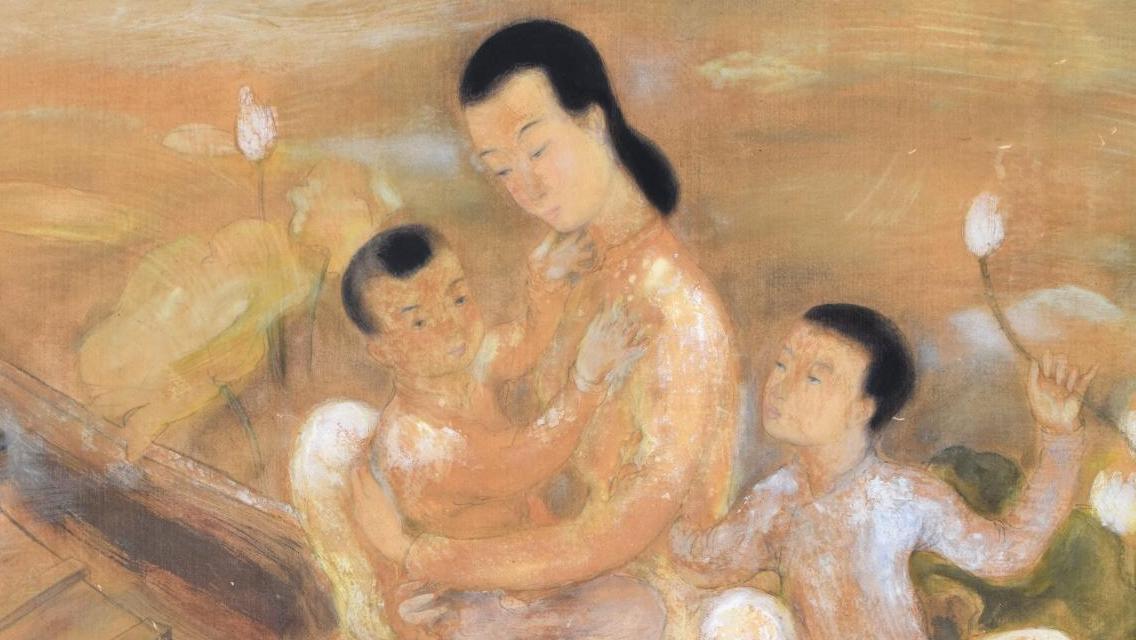 Lé Phô (1907-2001), Femme et enfants dans une barque, gouache sur soie, 48 x 67,5 cm.... La tendre Indochine du peintre Lé Phô