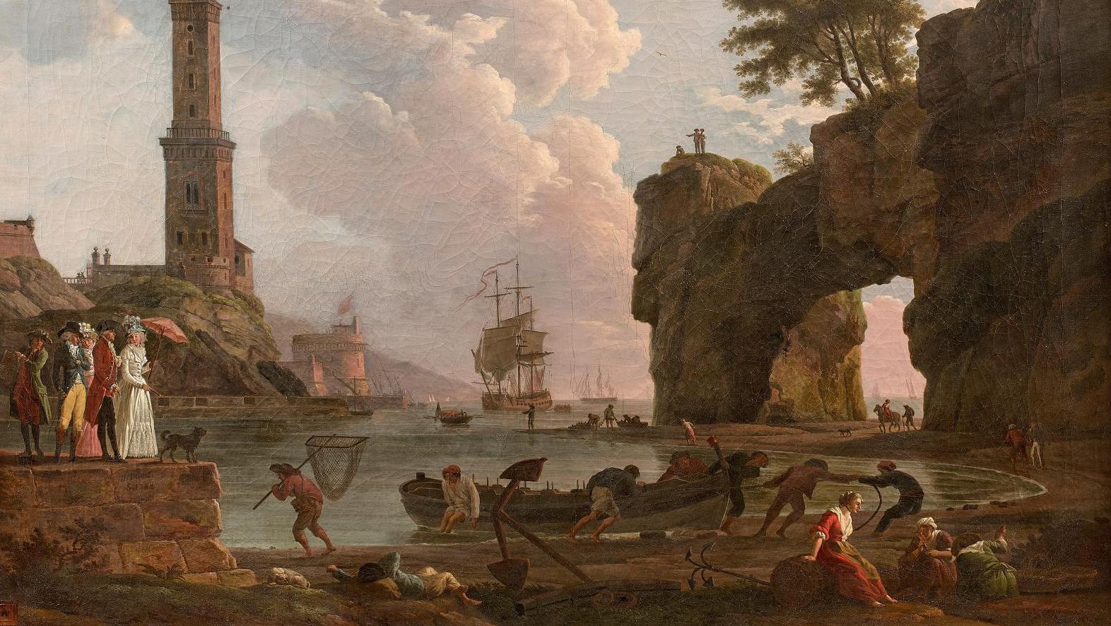 Claude-Joseph Vernet (1714-1789) et collaborateurs, Mer calme au coucher de soleil... Élégante compagnie en bord de mer