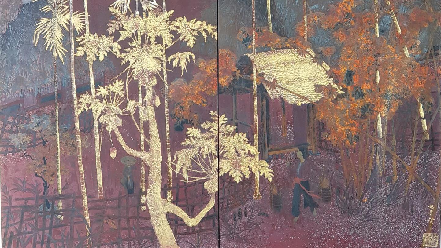 Pham Hau (1903-1995), Village dans la palmeraie, peinture polychrome, or et argent... L’art de la laque sublimé par Pham Hau