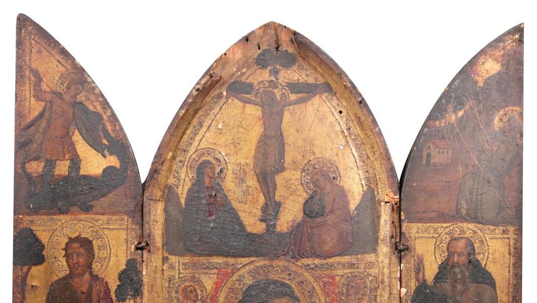 Bicci di Lorenzo (1373-1452), triptyque portatif, La Vierge à l’Enfant et La Crucifixion,... Maître florentin de la pré-Renaissance