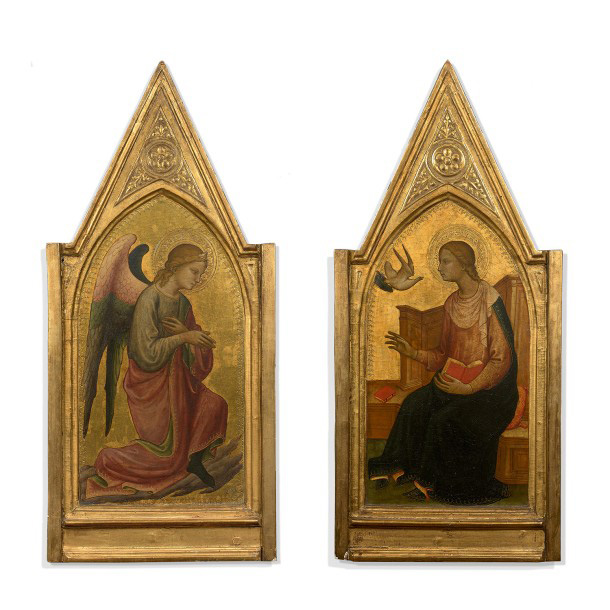 125 120 €Lorenzo di Niccolo (documenté à Florence entre 1391 et 1411), L’Ange de l’Annonciation et la Vierge, paire de panneaux de peuplier, dimension