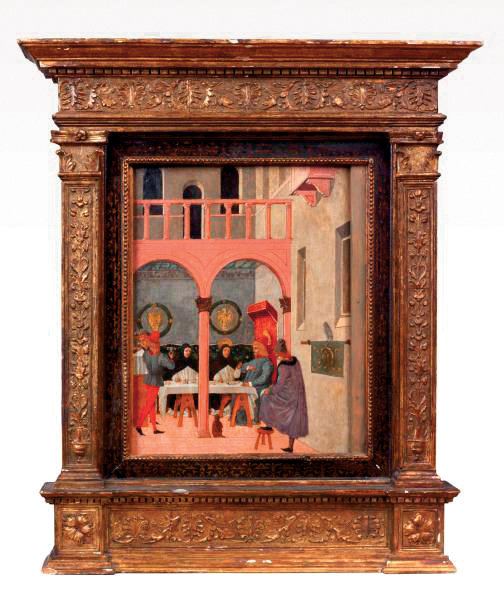 294 023 € Bartolomeo degli Erri (actif à Modène 1430-1479), Saint Thomas d’Aquin à la tabledu roi Saint Louis, peinture à l’œuf sur panneau de bois de