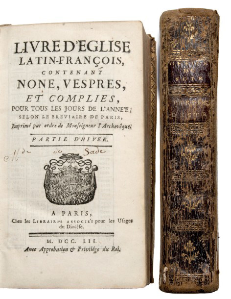 2 527 €Livre de messe avec signature de la mère du marquis de Sade, selon le bréviaire de Paris, Paris, Libraires Associés, 1752, 2 vol. in-12, plein 