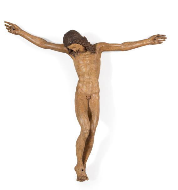 55 800 €Christ nu, Florence, entouragede Michel-Ange, vers 1500, bois sculpté et polychromé, 80 x 86 cm. Drouot, 19 avril 2017. Lombrail, Teucquam Mai