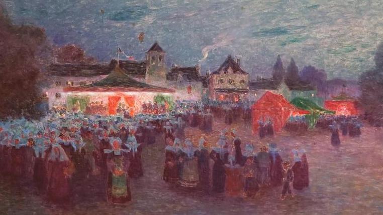 Ferdinand Loyen du Puigaudeau (1864-1930), Manège au clair de lune, huile sur toile... Fête foraine à Pont-Aven