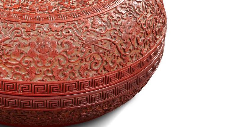 Chine, XVIIIe-XIXe siècle. Boîte circulaire couverte en laque rouge de cinabre sur... Direction la Chine