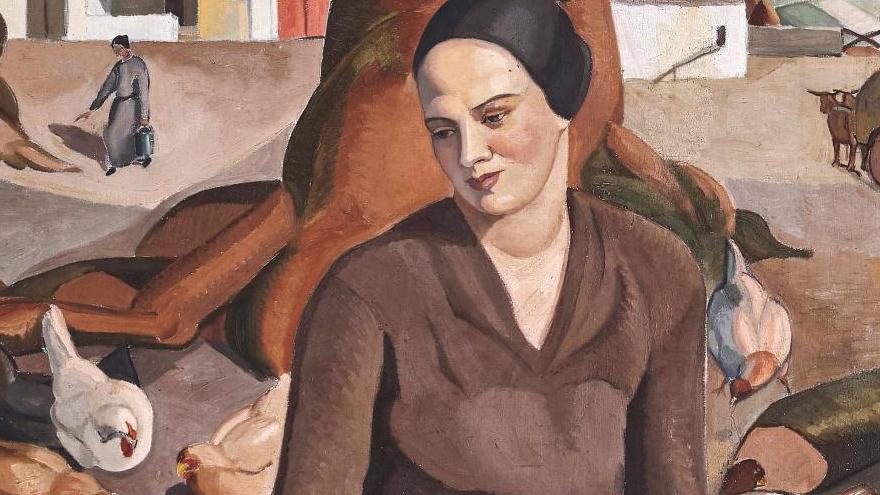Hélène Elissague, dite Elizaga (1896-1981), Paysanne avec poules, huile sur toile... Le Pays basque éternel d’Elizaga