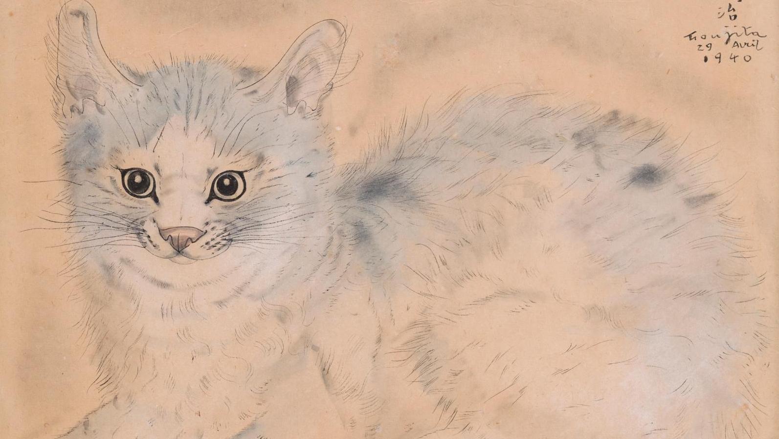 Tsuguharu Léonard Foujita (1886-1968), Portrait de chat, 1940, dessin à l’encre,... Foujita, Oudin et Alfa Roméo
