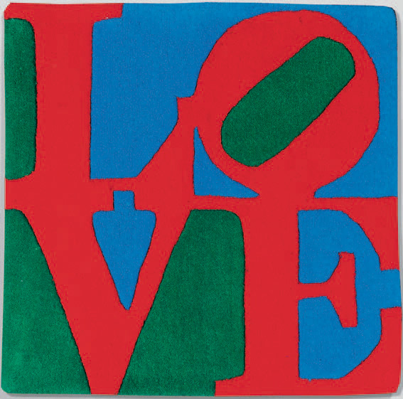 Robert Indiana (né en 1928), Classic Love, 2007, tapis en laine indienne, signé dans l’étiquette, 74 x 74 cm.Paris, Drouot, 16 novembre 2010. SVV Lafo