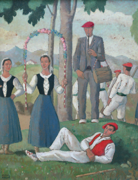 Ramiro Arrue, La Fête basque : danse au cerceau et Txistulari, vers 1925, huile sur panneau, 46 x 36 cm. Pau, 29 mai 2010. Gestas-Carrere Enchères de 