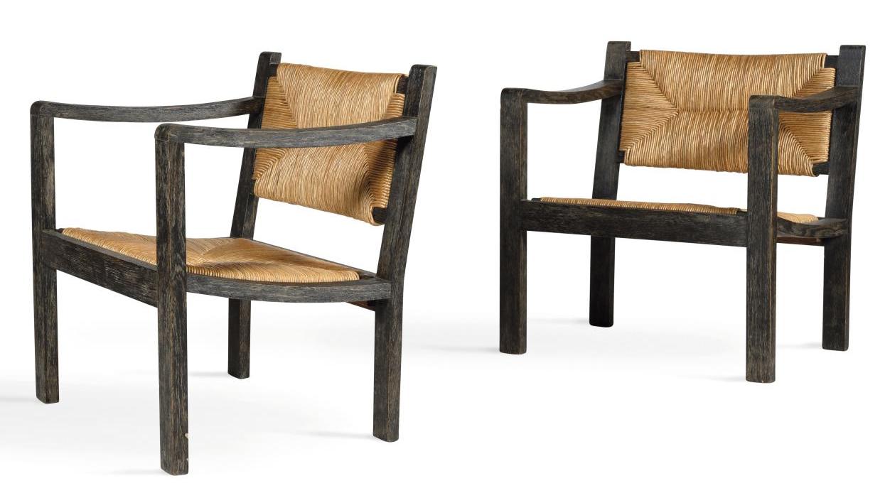 Elizabeth Eyre de Lanux (1894-1996), paire de fauteuils, chêne foncé et paille, vers... Une américaine à Paris