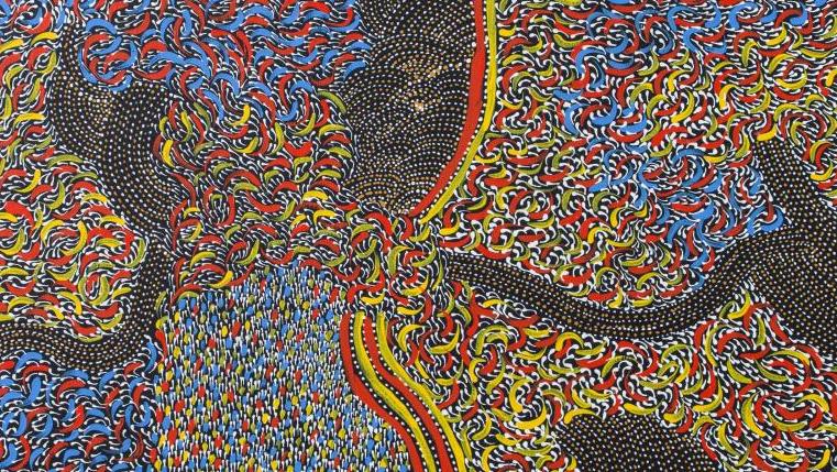 Abie Loy Kemarre (née en 1972), Sans titre, acrylique sur toile, 150 x 90 cm. Adjugé :... Le temps du rêve