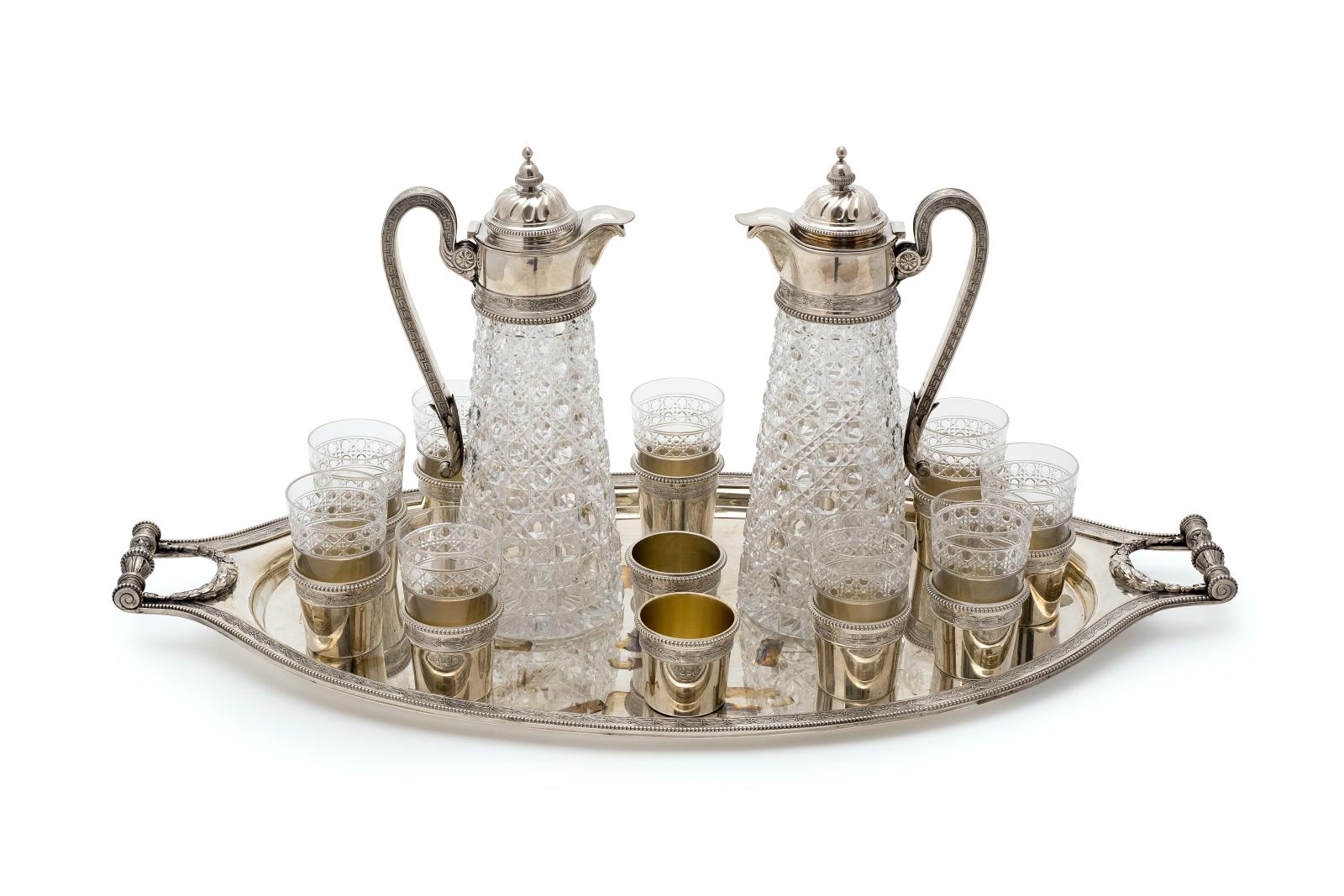 Carl Fabergé company, twenty-five piece vodka service, 1895, silver and crystal.  