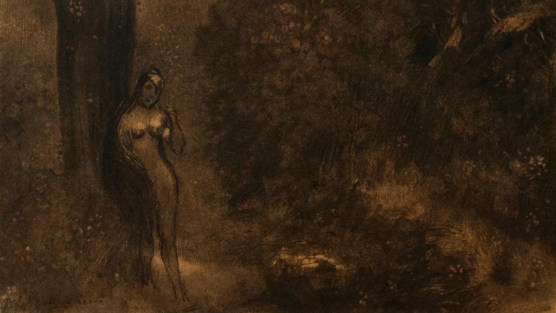 Odilon Redon (1840-1916), Femme nue dans la forêt enchantée, fusain sur papier, 51 x 36 cm.... Les esprits de la forêt