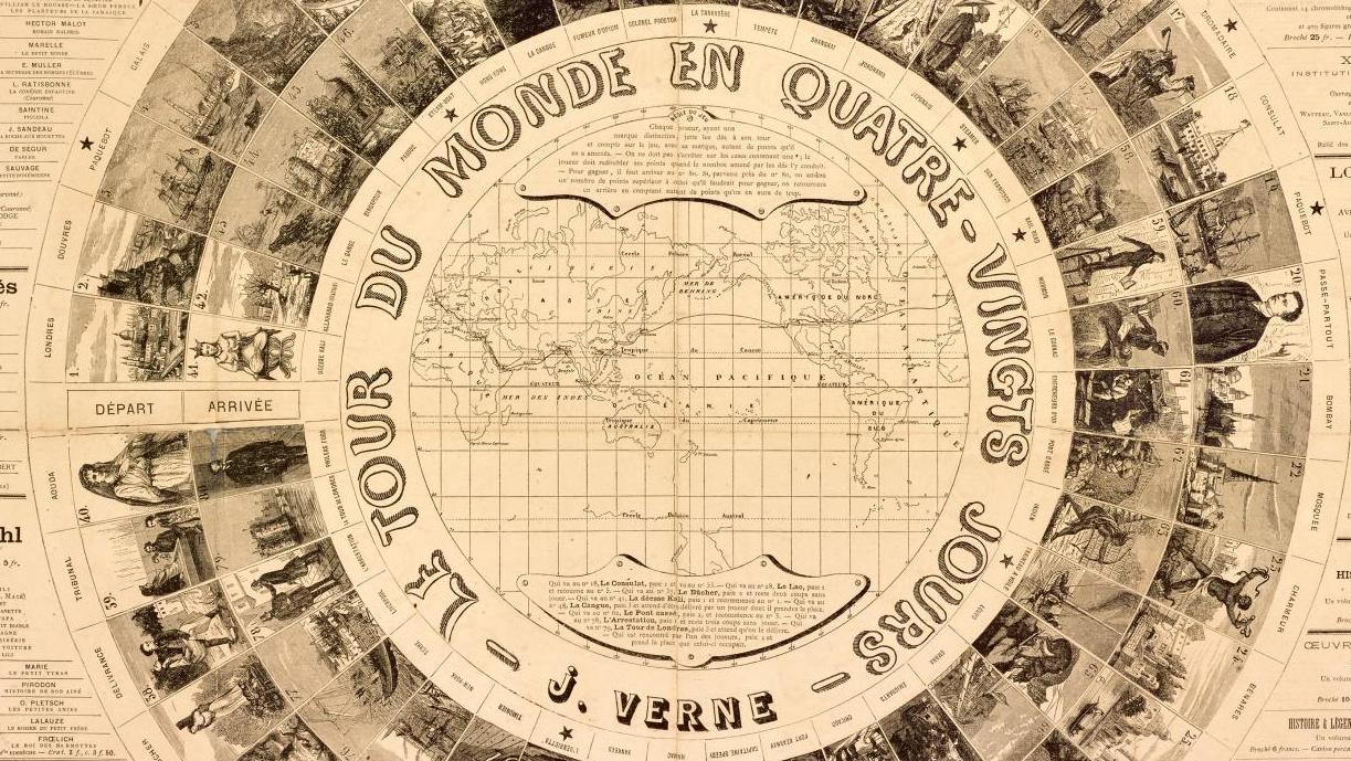 1 403 € Jules Verne (1828-1905), placard publicitaire sous forme de jeu du Tour du... Cote : Jules Verne