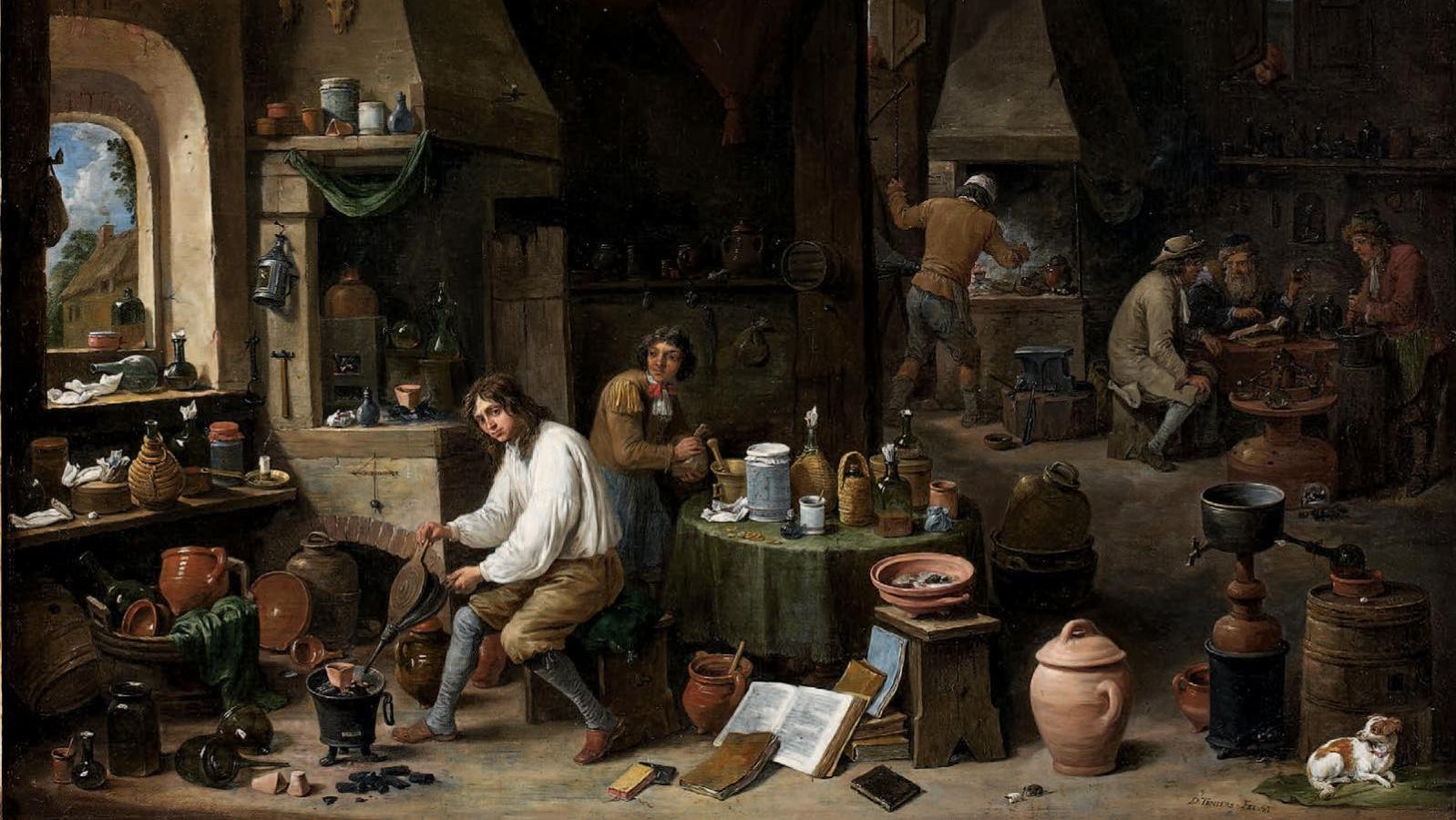 David Teniers le Jeune (1610-1690), L’intérieur d’un alchimiste, toile signée et... La bonne formule 