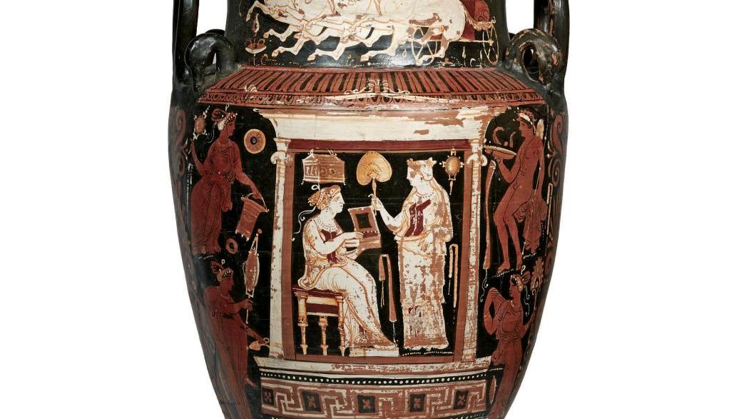 Grande-Grèce, Apulie, IVe siècle av. J.-C., attribuée au Peintre du sakkos blanc.... En rouge et noir