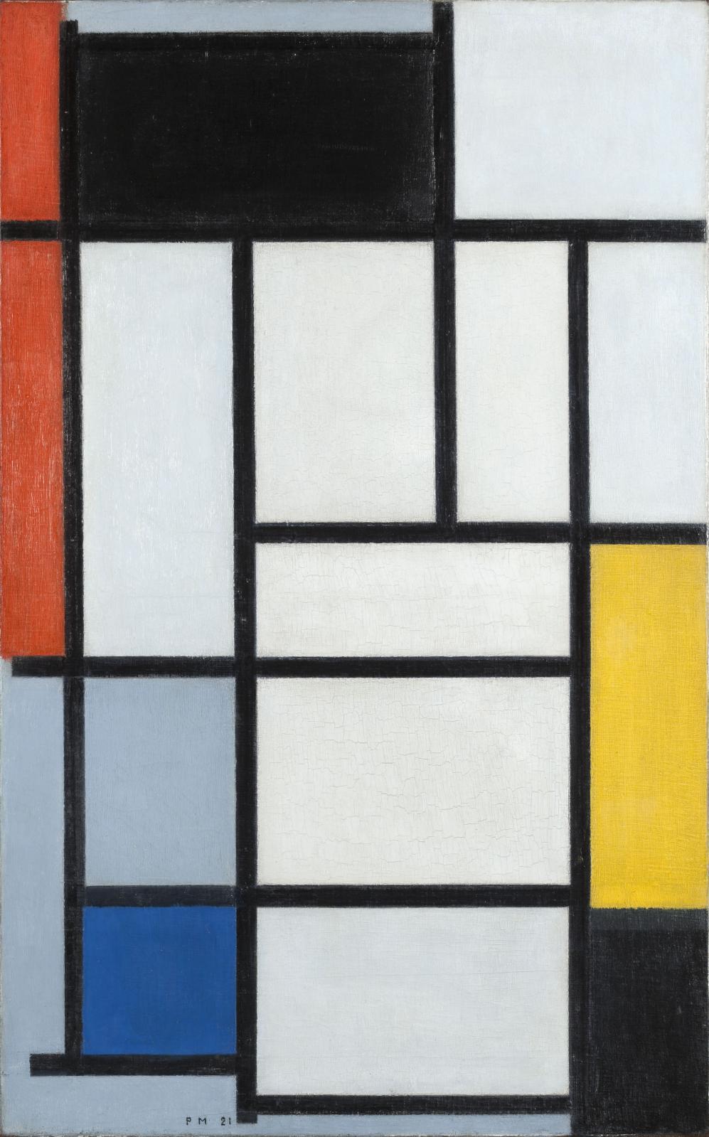 Piet Mondrian (1872-1944), Composition de rouge, noir, jaune, bleu et gris, 1921, huile sur toile, 80 x 50 cm (détail), La Haye, Gemeentemuseum. 