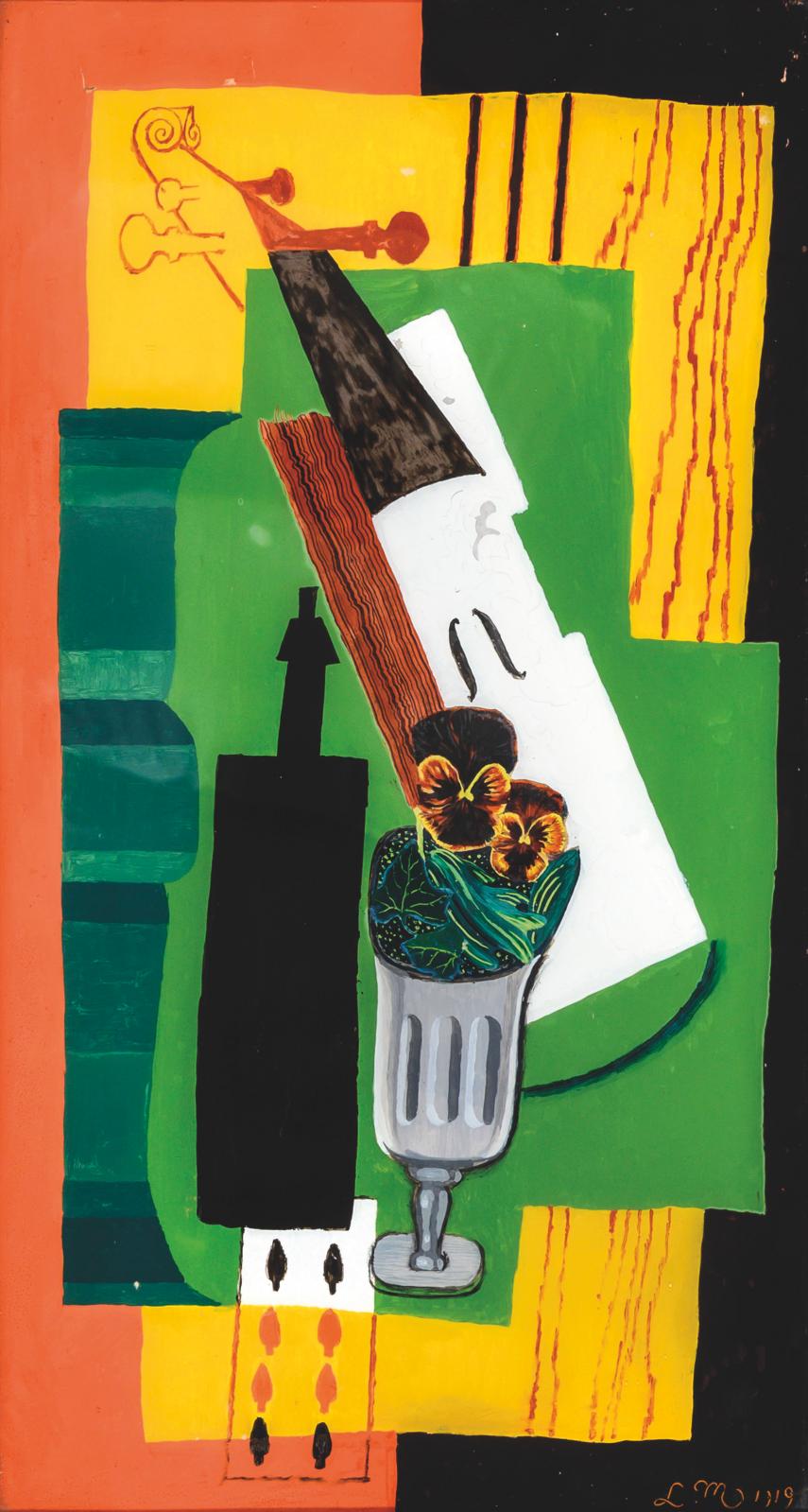 Louis Marcoussis (1883-1941), Violon, bouteille, fleurs dans un verre et huit de pique, 1919, huile sur verre, monogrammée et datée en bas à droite, 4