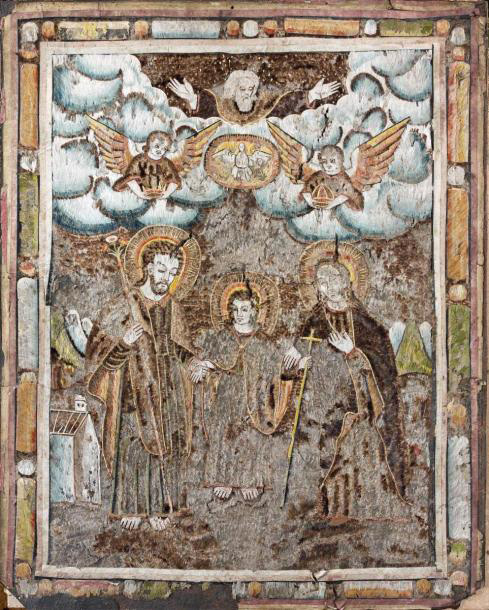 272 624 €Mexique, XVIIe siècle. La Sainte Trinité et la Sainte Famille, tableau en mosaïque de plumessur plaque de cuivre et papier doré, 33 x 26 cm.C