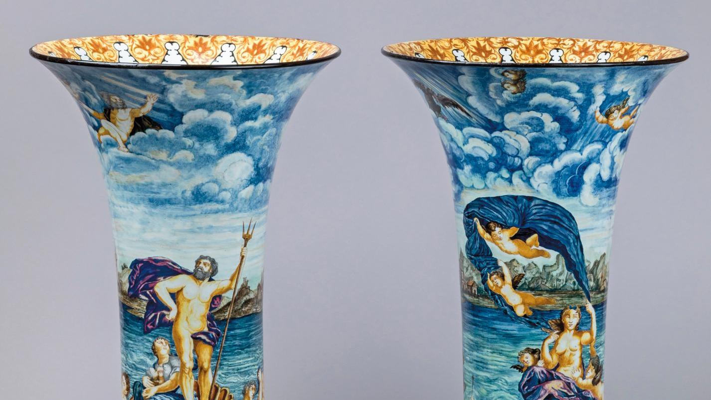 Ulysse Bertrand (1851-1941), pair of cornet vases with the sea gods Neptune and Amphitrite,... Gien Glazed Earthenware in All its Glory