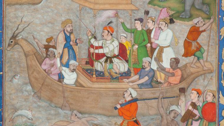 Inde moghole, vers 1597, peinture attribuée à l’artiste Dhanraj. Akbar à la chasse... Chronique de la vie  et du règne d’Akbar