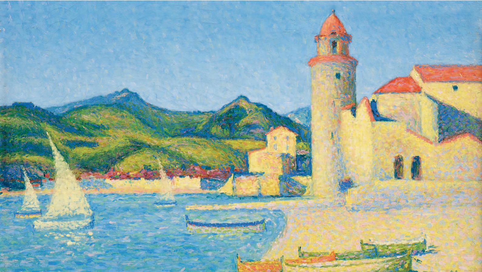 Achille Laugé (1861-1944), Voiles blanches à Collioure, toile, 1928, 50 x 73 cm.Estimation... Collioure mise au point