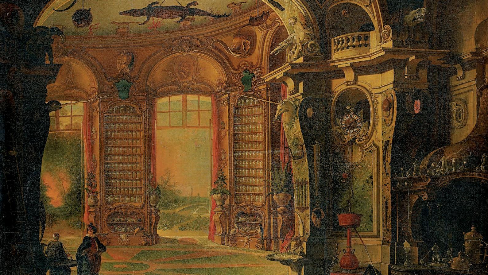 Jacques de Lajoue (Paris, 1687-1761), Le Cabinet de l’alchimiste ou La pharmacie... Un fabuleux cabinet rocaille