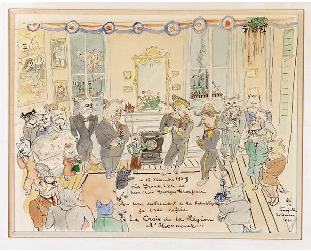 La remise de la Légion d’honneur à Georges Grosjean, 1950, aquarelle et encre sur papier, 25 x 31 cm. Mardi 3 avril 2012, 15 h. Hôtel Salomon de Roths
