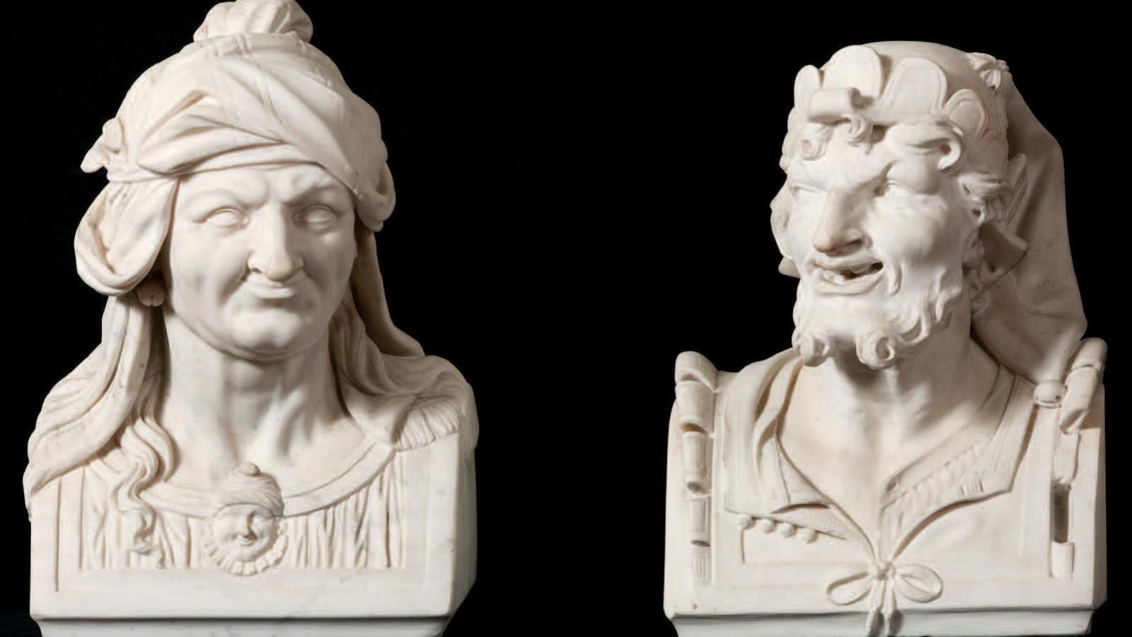 François Fontelle (mort avant 1696), Couple de comédiens, paire de bustes en marbre... La comédie humaine