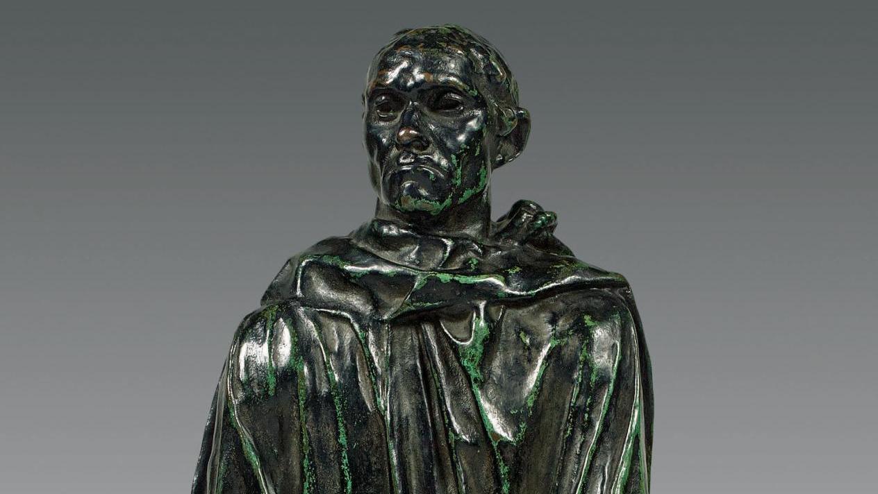Auguste Rodin (1840-1917), Jean d’Aire, réduction, bronze à patine brun-vert nuancé,... Le poids du sacrifice