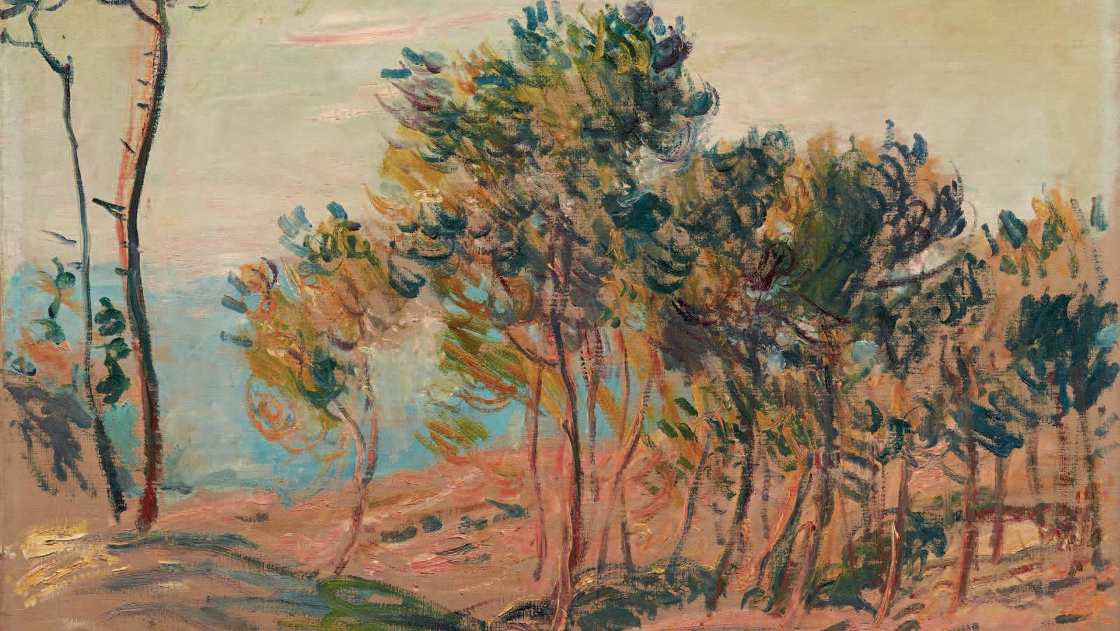 Claude Monet (1840-1926), Sapins à Varengeville, toile portant le cachet de la signature... Monet peint en rose