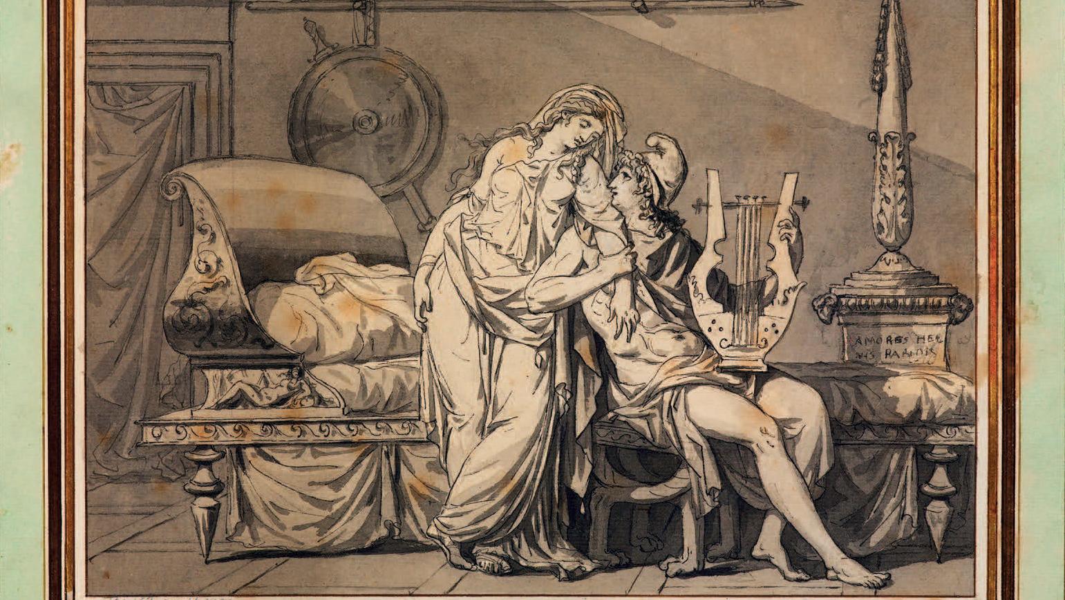 Jacques-Louis David (1748-1825), Pâris et Hélène, plume et encre noire sur traits... Tête-à-tête amoureux